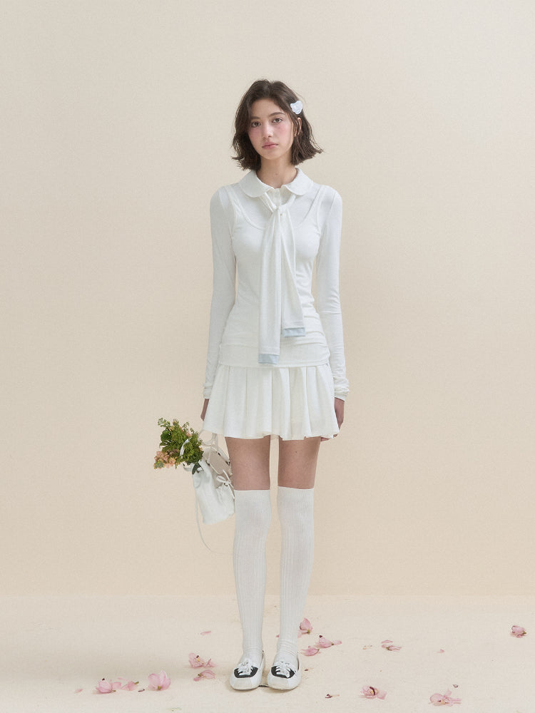 White & Blue Collared Knit Top & Skirt Set