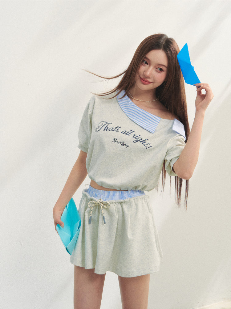 Grey Asymmetric Shoulder Striped Patchwork Short-Sleeve & Skirt Set