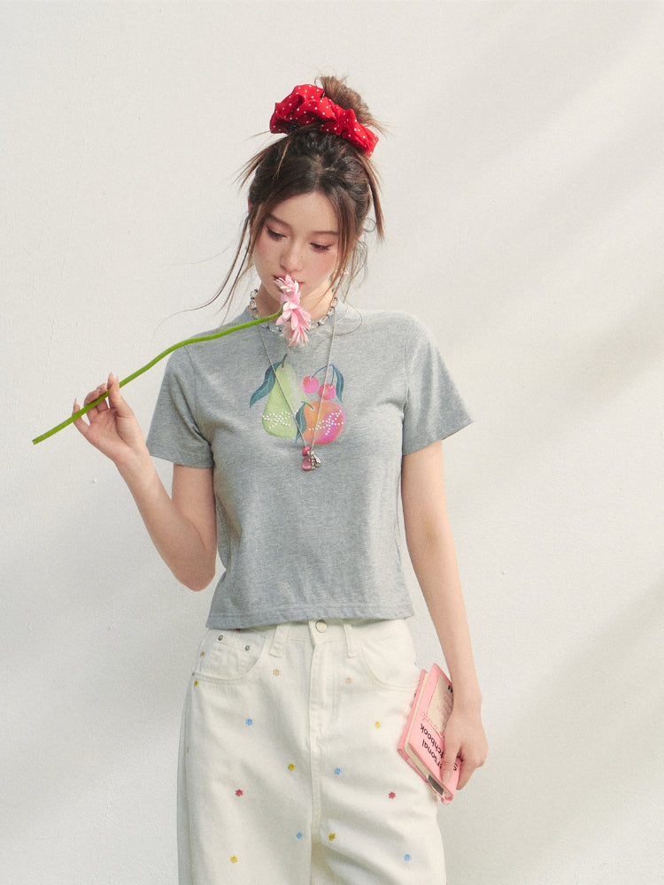 Printed Pearl-Decorated Short-Sleeve T-Shirt
