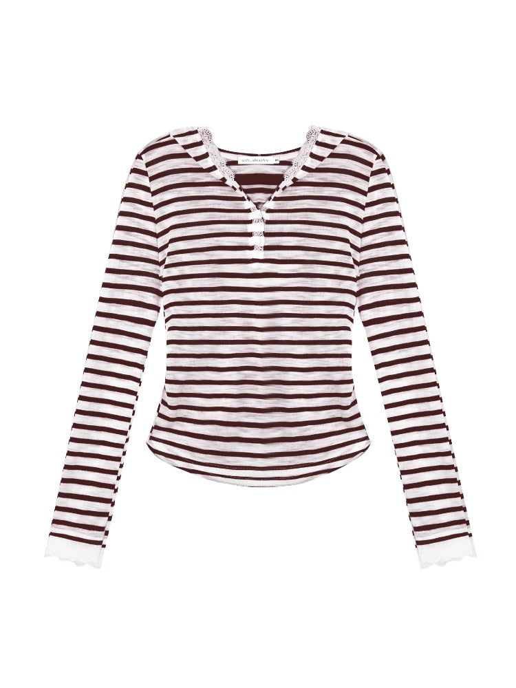 Striped Color-block Lace Spliced T-Shirt