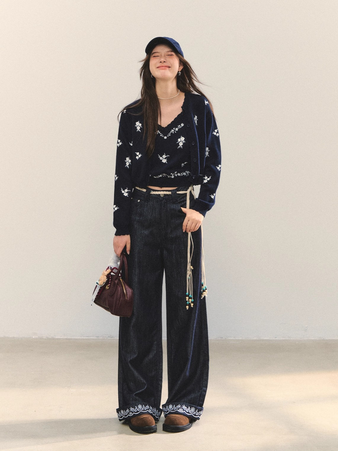 Navy Blue Boho Embroidered Belted Jeans