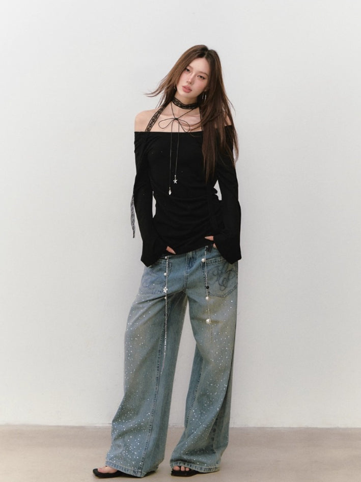 Off-Shoulder Backless Beaded Sun-protection T-shirt