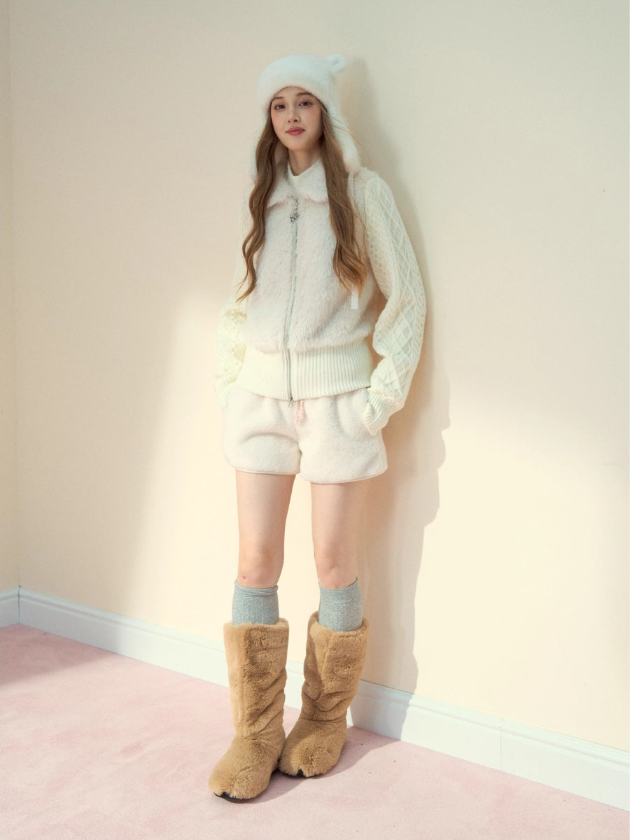 Peter Pan Collar Fleece-Lined Faux-Fur Paneled Jacket