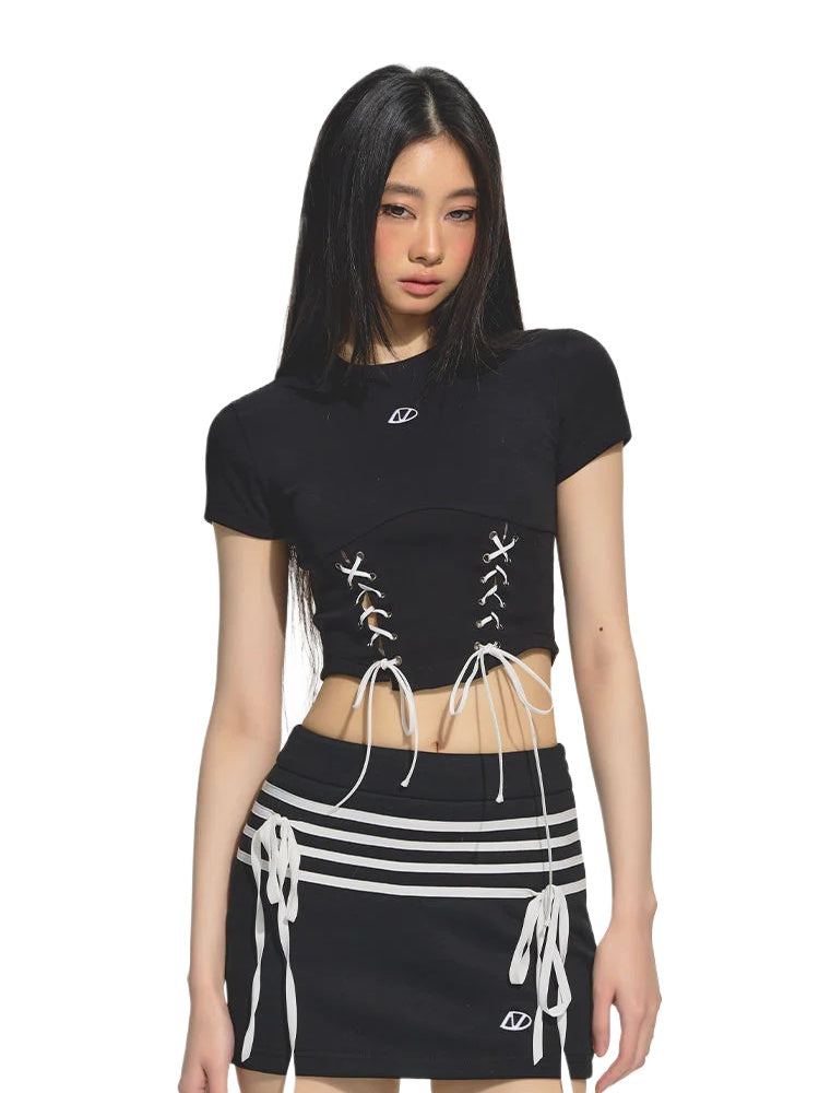 Color-Blocked Belted Straight-Shoulder Short Sleeve Top