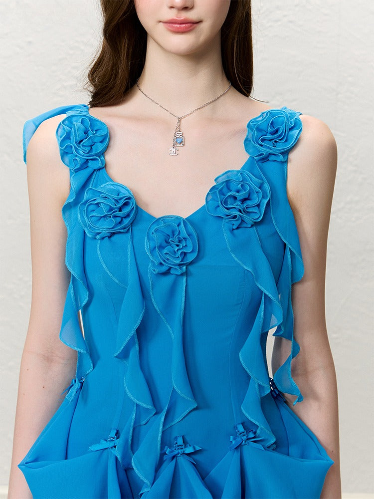 Blue Floral Ruffle Fitted Dress