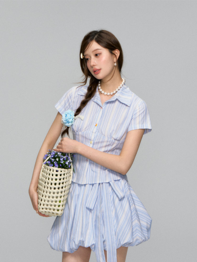 Colorful Buttons Striped College - Style Shirt & Skirt Set