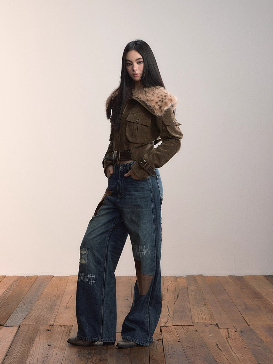 Leopard Print Oversized Fur Collar Thickened Coat