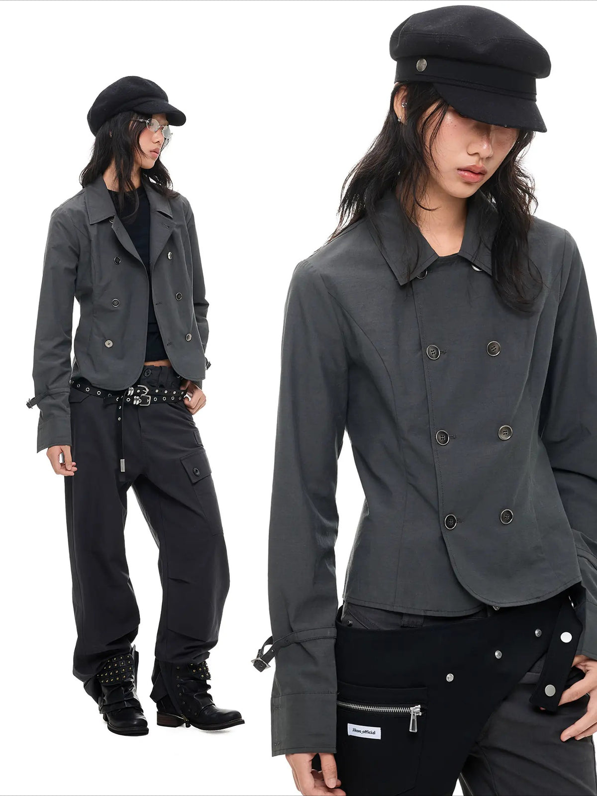 Khaki & Gray Double-Breasted Cropped Shirt