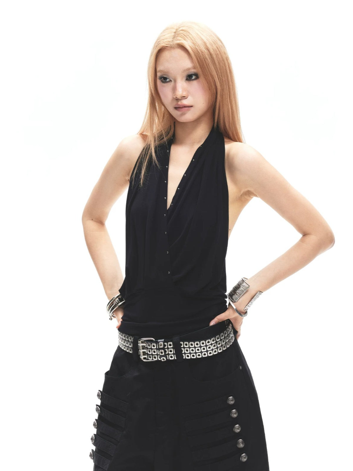 Studded Halter Ruched Crop Top