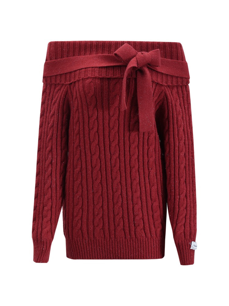 Red Off Shoulder Bow Knit Sweater