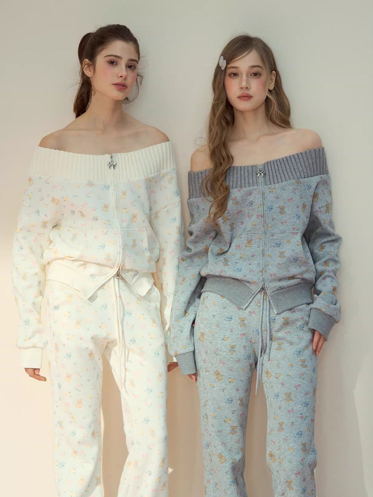 Floral Bear Bunny Off-Shoulder Sweatshirt & Pants Set