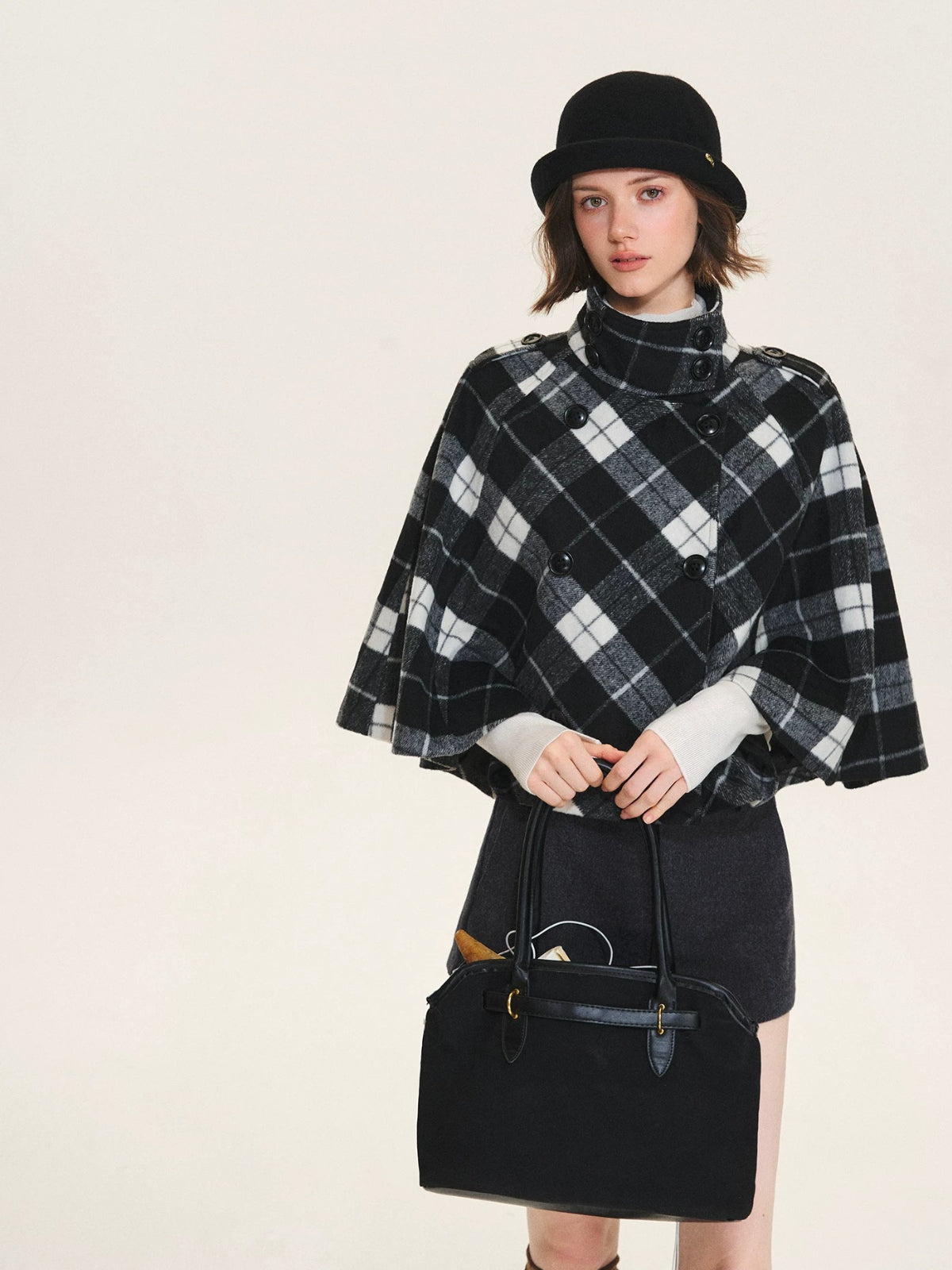 Checked Wool Blend Cape Coat