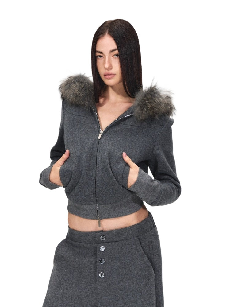 Detachable Fur Collar Hoodie & Sweatpants Set