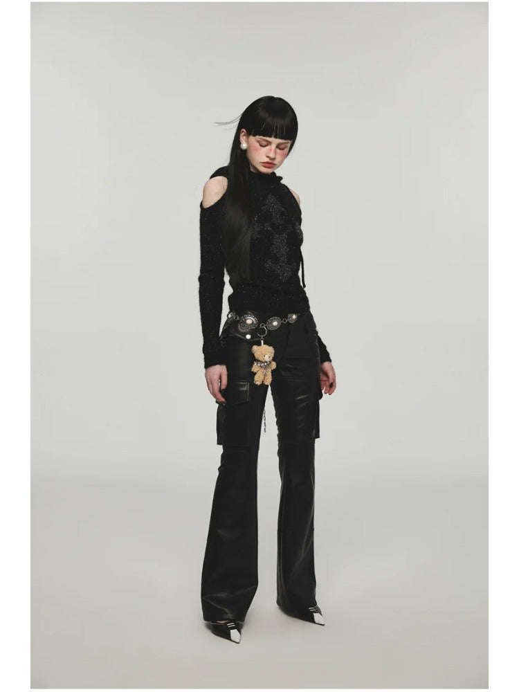 Mohair Off-Shoulder Knit Hoodie
