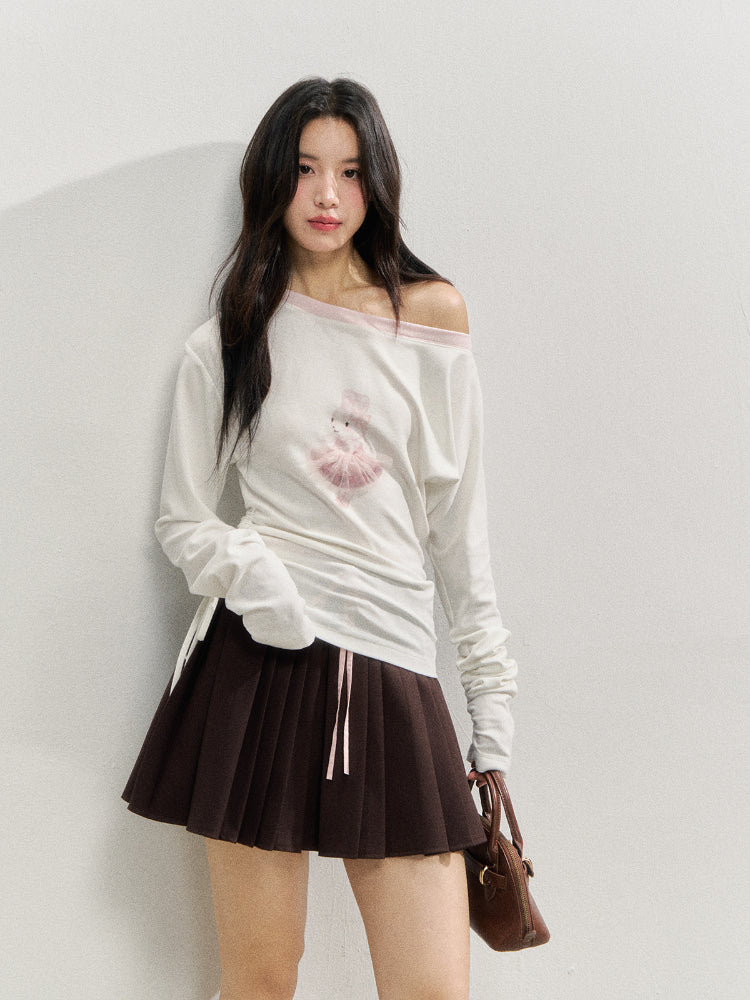 Asymmetric Shoulder 3D Bunny Long-Sleeve T-Shirt