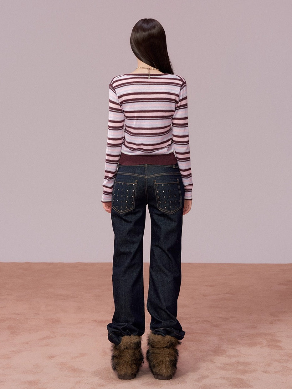 Color-Block Striped Wool Knit Cardigan