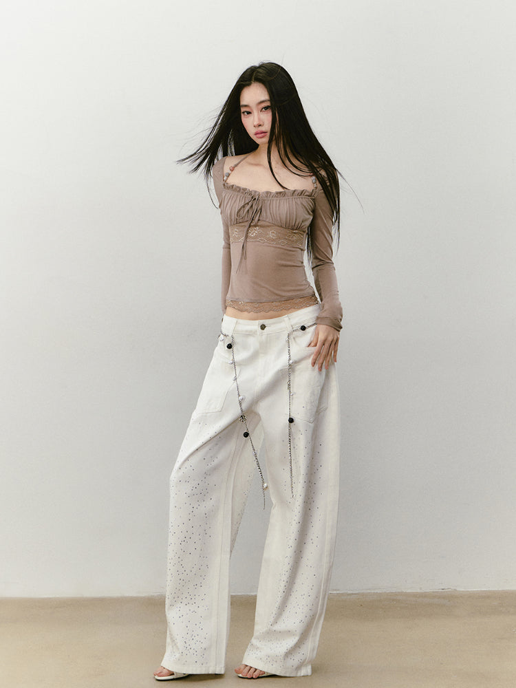 Lace Panel Beaded Acetate T-shirt