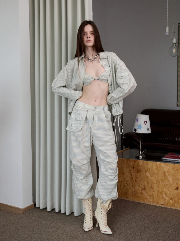 Retro Diagonal Cut Striped Bud Shirt & Cargo Set