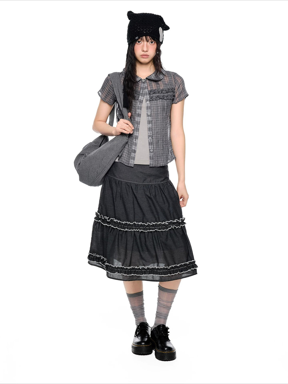 Pleated Plaid Collar Top