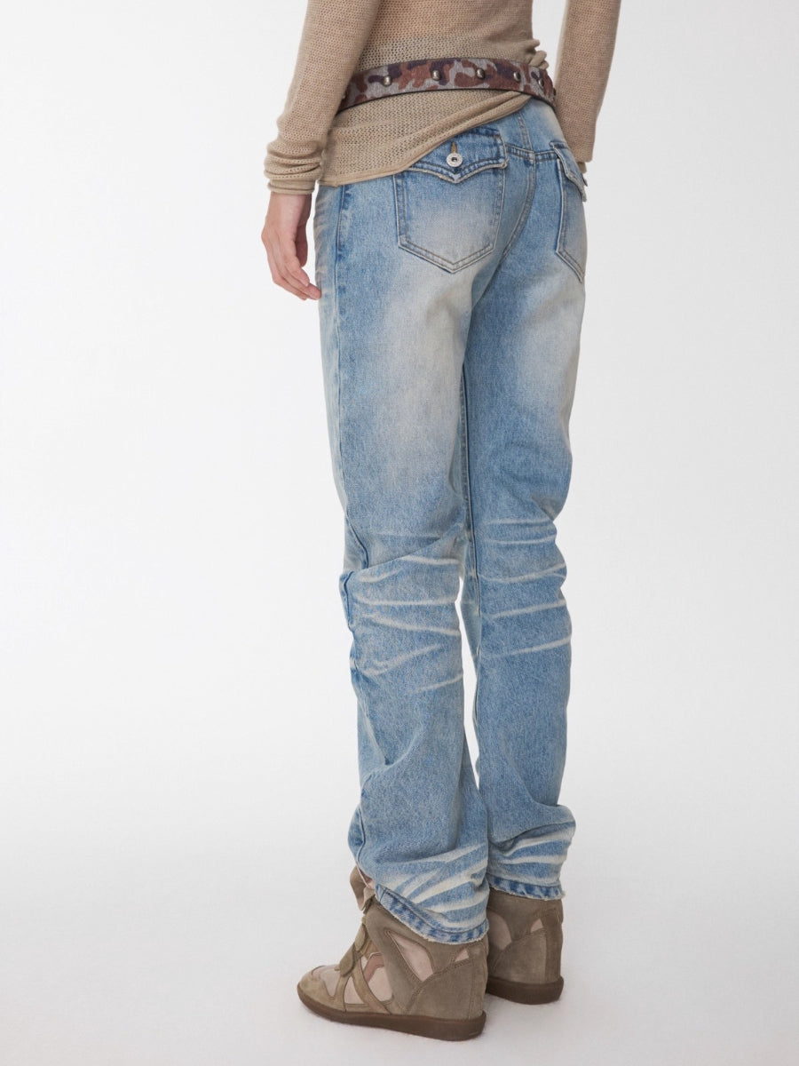 Vintage Pleated Washed Denim Curved Jeans