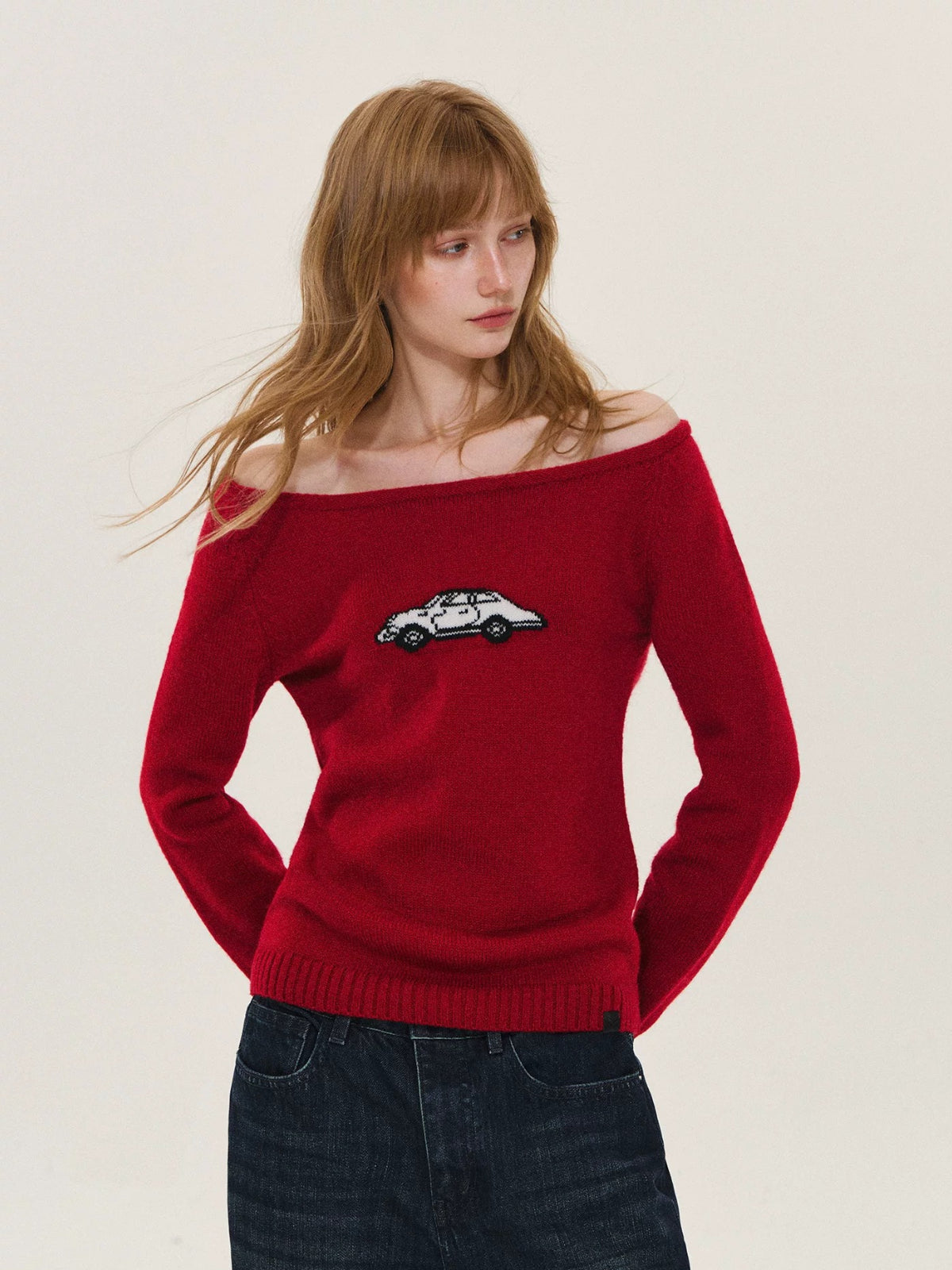 Car Motif Off Shoulder Sweater