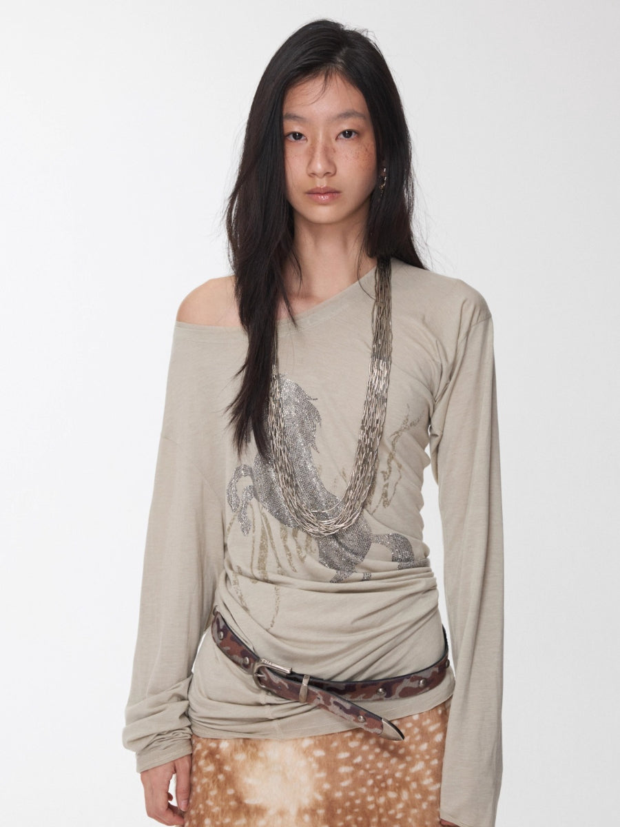 Rhinestone Embellished Asymmetric Drape T-shirt