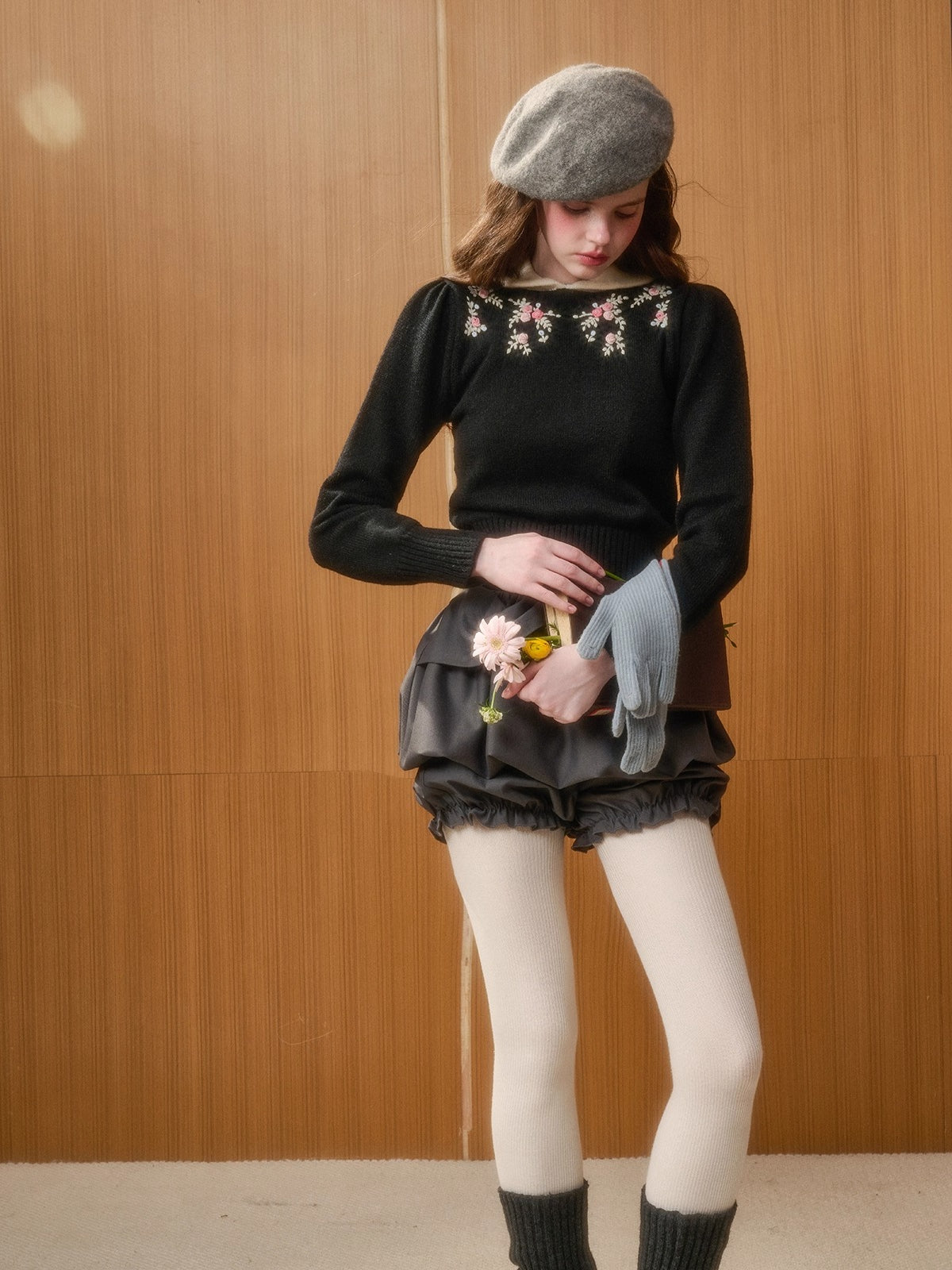 Hand-Embroidered Peter-Pan Collar Knit Top