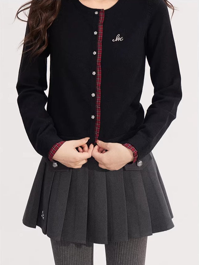 Check Panel Lace Trim Cardigan