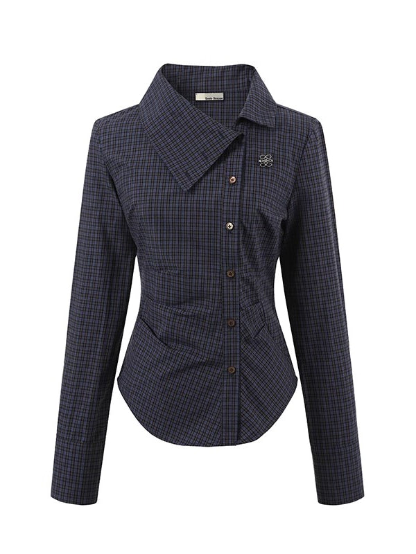 Navy Blue Plaid Lapel Collar Shirt