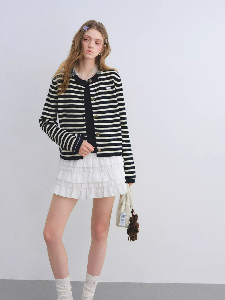 Wool Blend Striped Crewneck Knit Cardigan