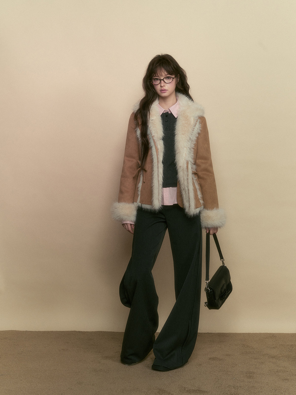 Khaki & Pink Shearling Coat