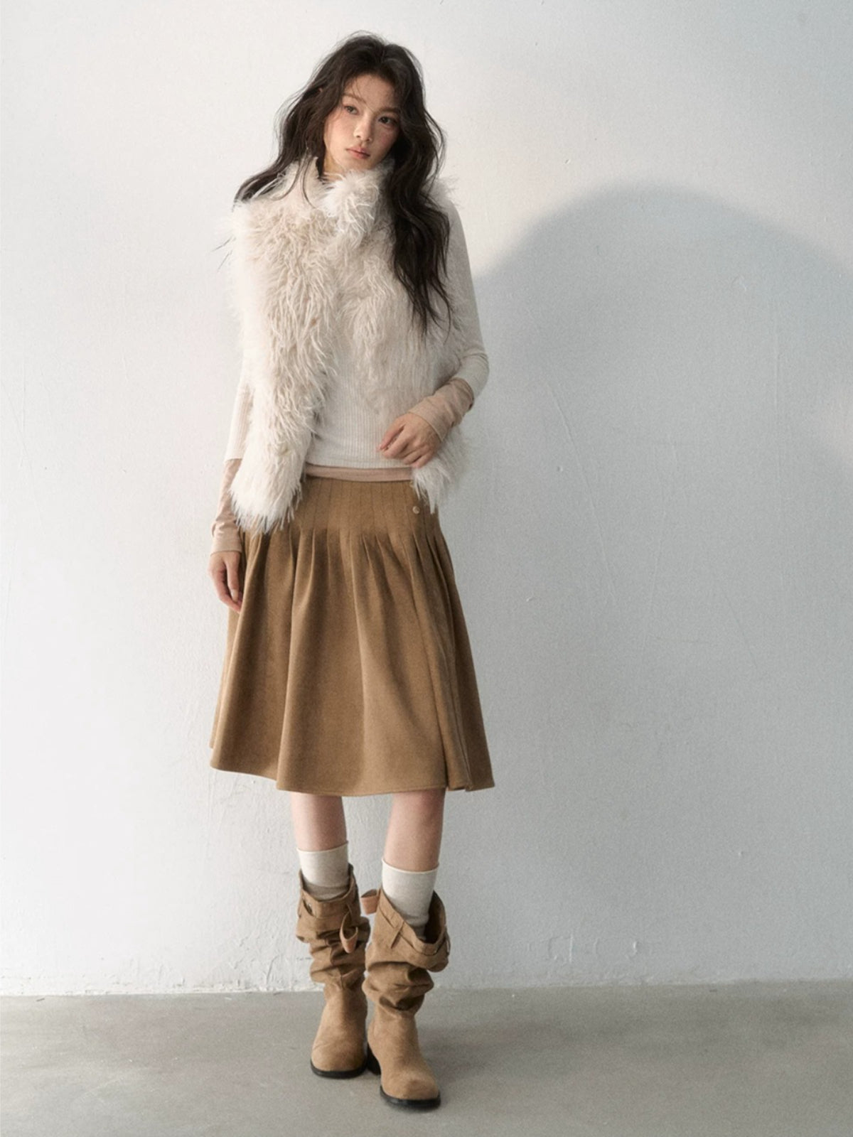 Side-Button Faux Suede Pleated Skirt