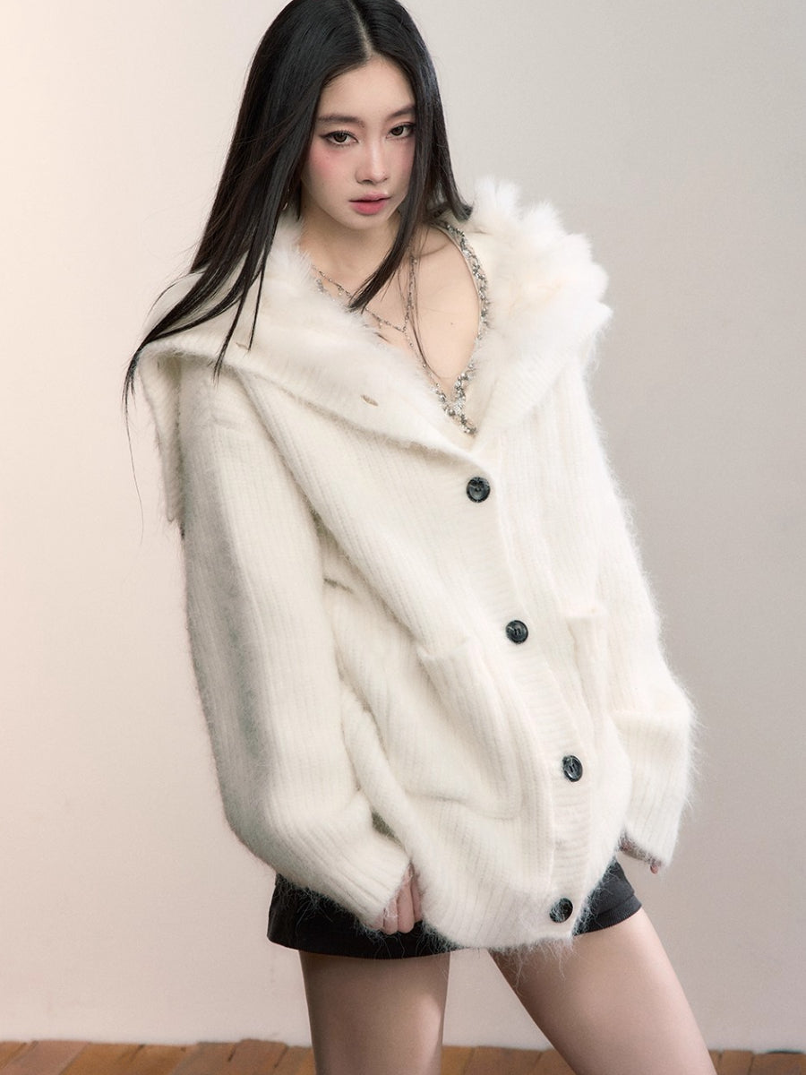 Fox Fur Large Notch Collar Cardigan