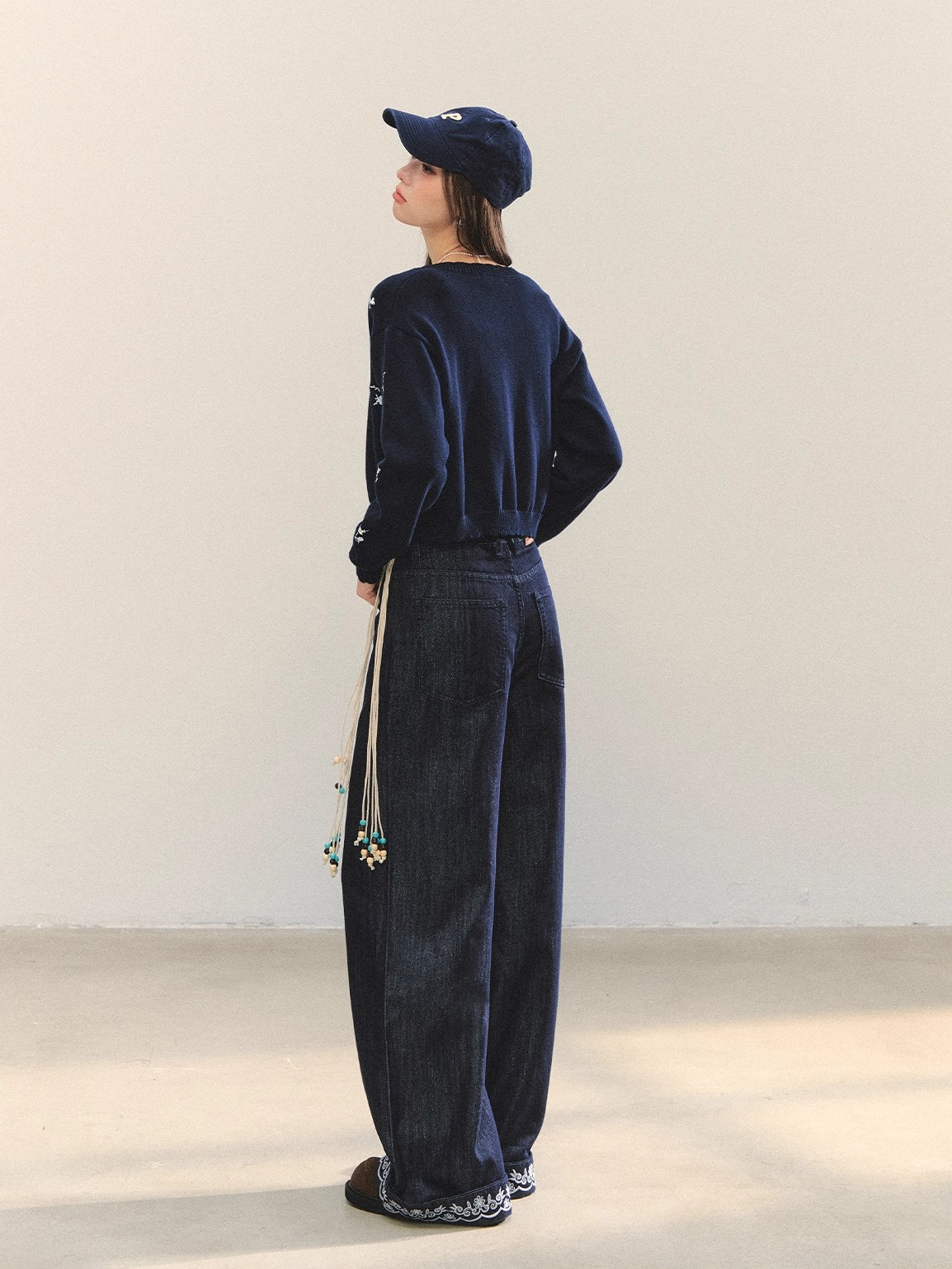 Navy Blue Boho Embroidered Belted Jeans