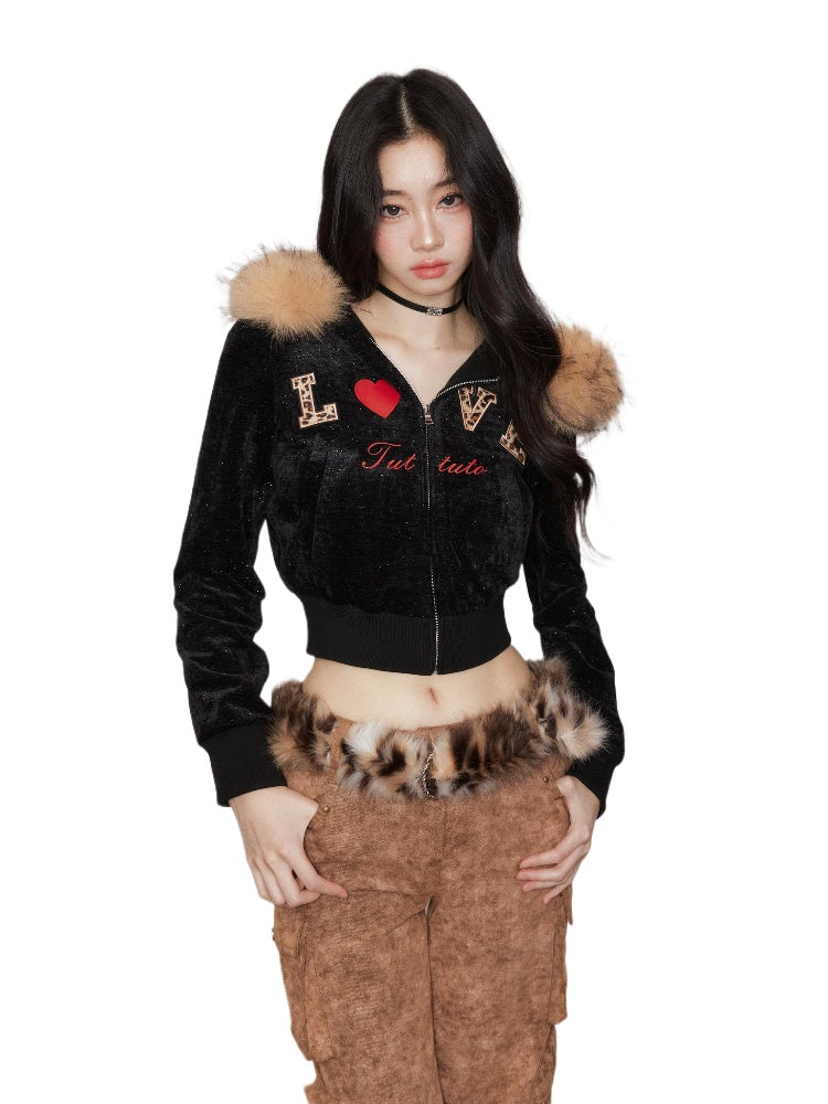 Leopard Print Embroidered Hooded Sweatshirt & Pant Set