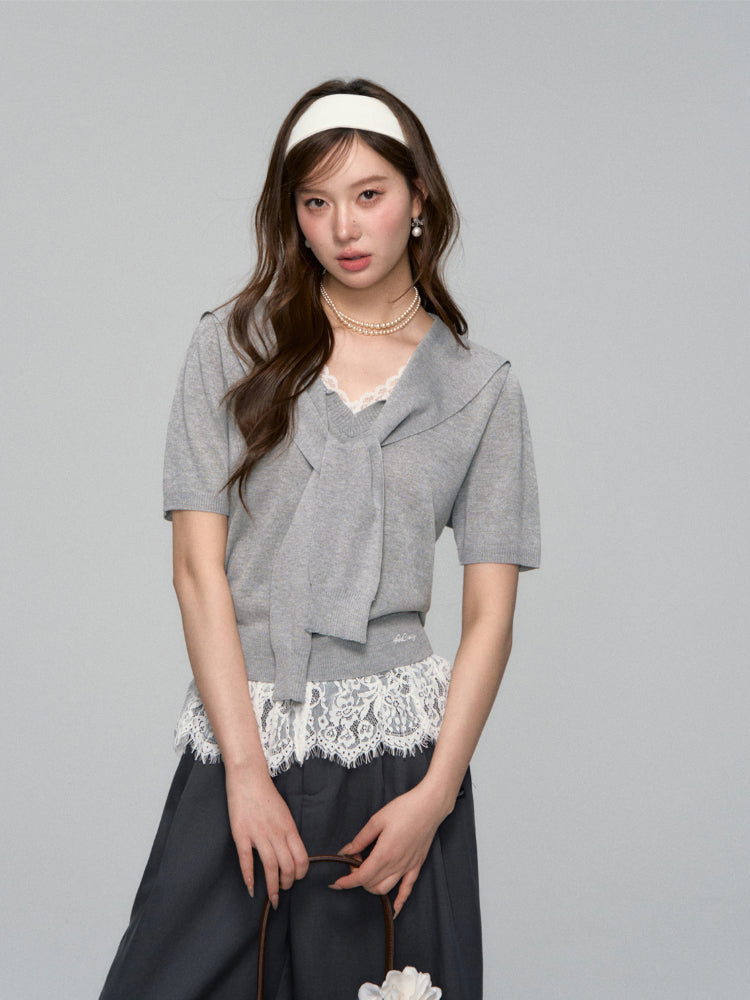 Lace Spliced V-Neck Knitted T-Shirt
