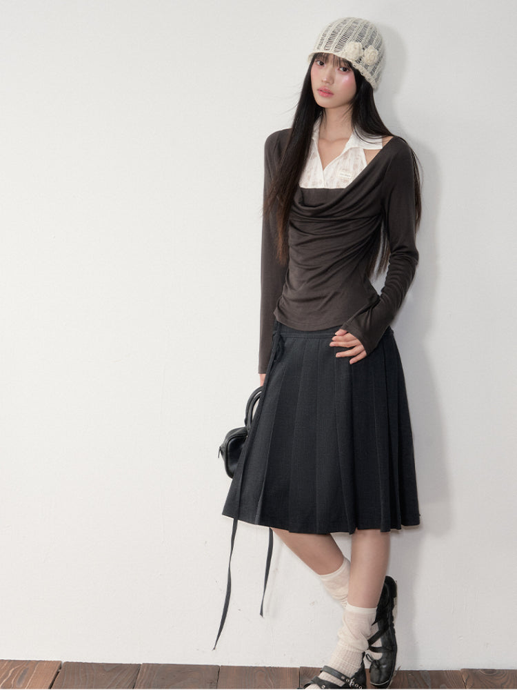 Dark Grey Tie-Waist Pleated Midi Skirt