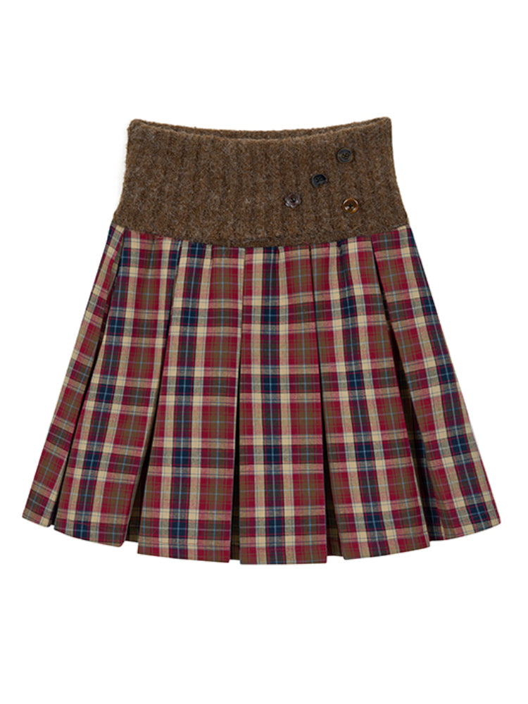 Patchwork Button Wool Pleated Skirt