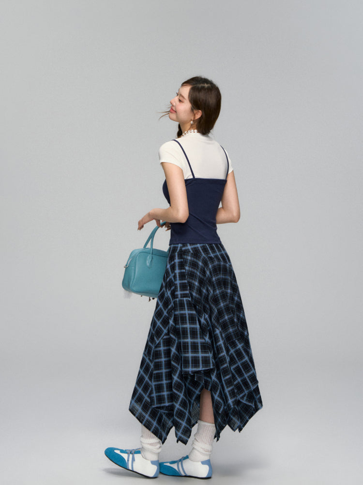 Irregular Navy Blue Checked Midi Skirt