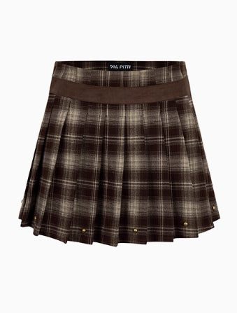 Red & Coffee Plaid Pleated Mini Skirt