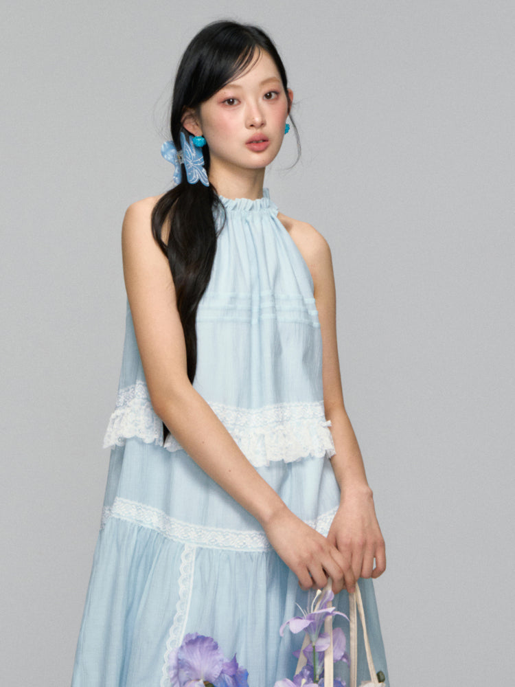 Halter Off-shoulder Lace-trimmed Dress