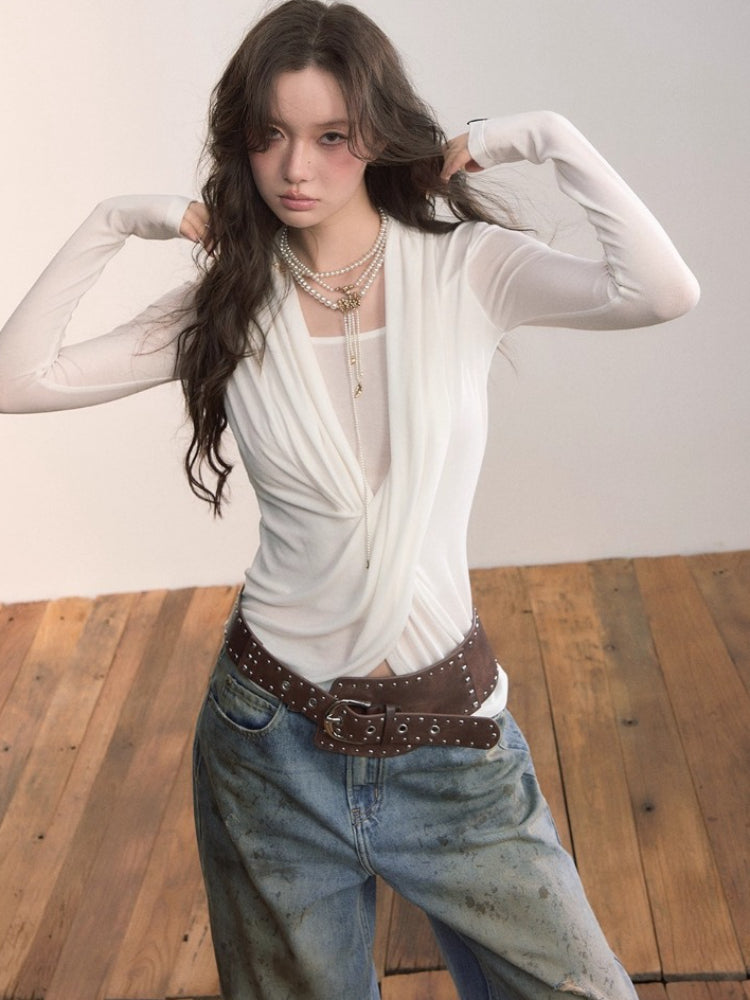Draped Cross-Layered Faux Two-Piece Long Sleeve Tee