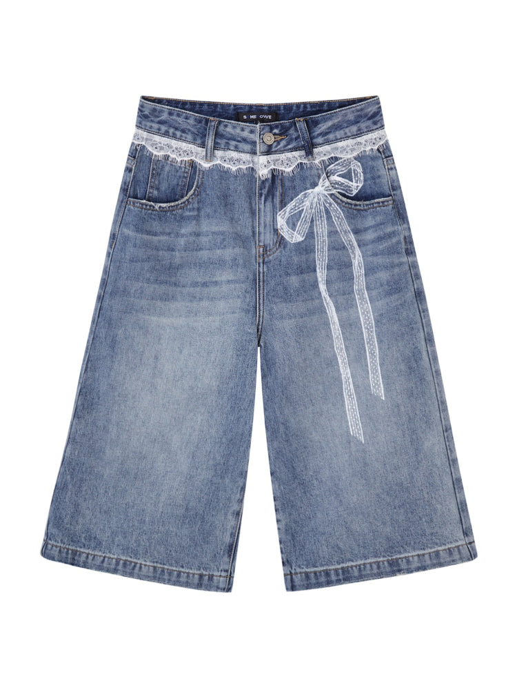 Imitation-Lace Printed High-Waist Denim Mid-Length Pants