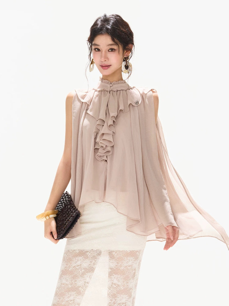 Ruffle Chiffon Cape Blouse
