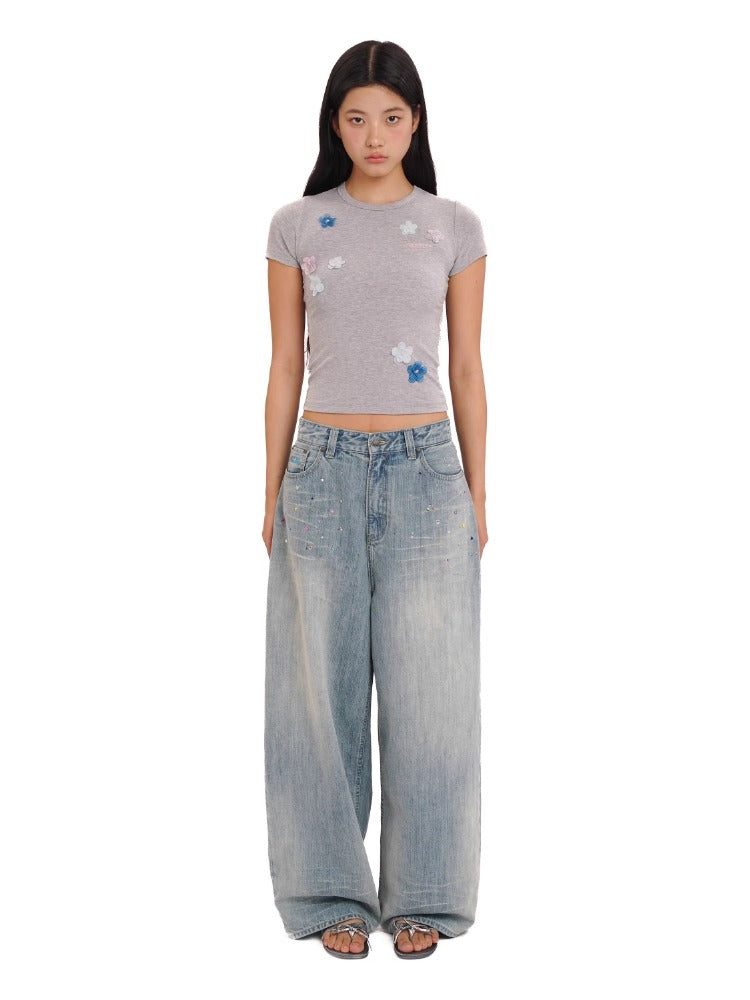 Rhinestone Pocket Embroidered Denim Capri Shorts/Long Pants