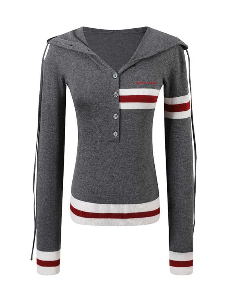 Color Block Striped Hooded Knitted T-shirt