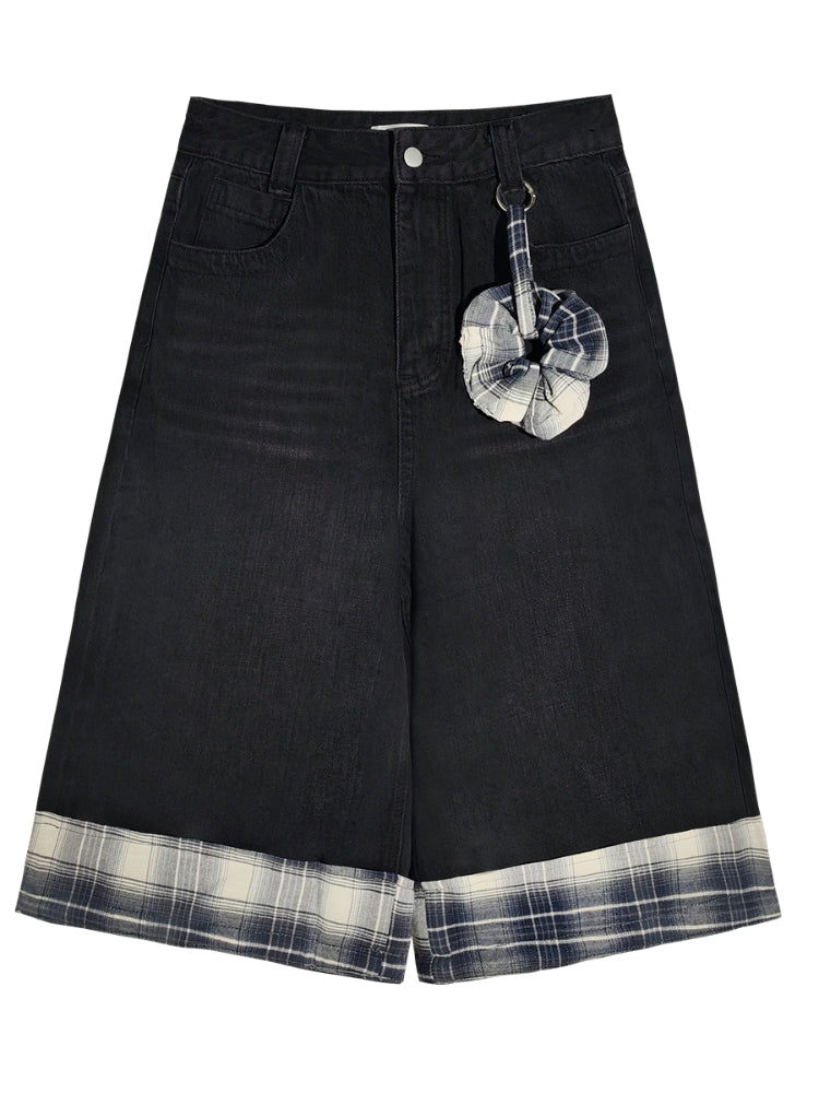 Checkered Patchwork Color-Blocking Wide-Leg Pants Set