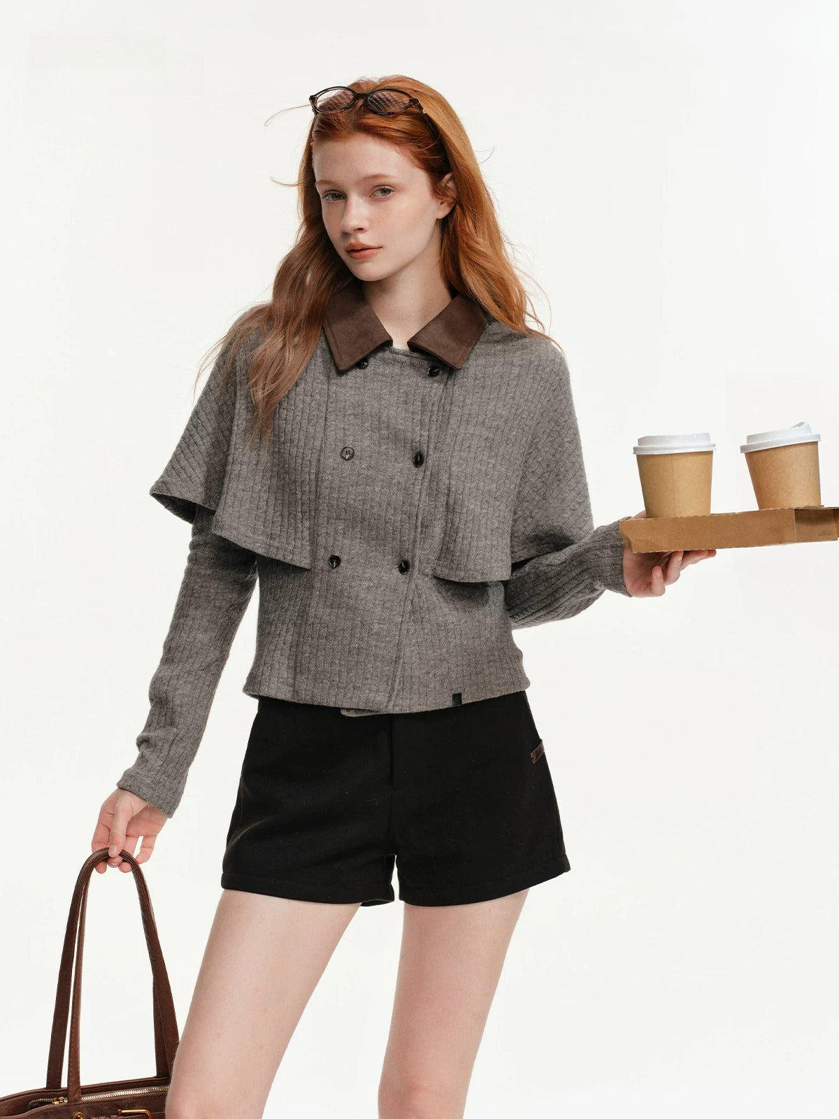 Contrast Collar Cable Knit Cape