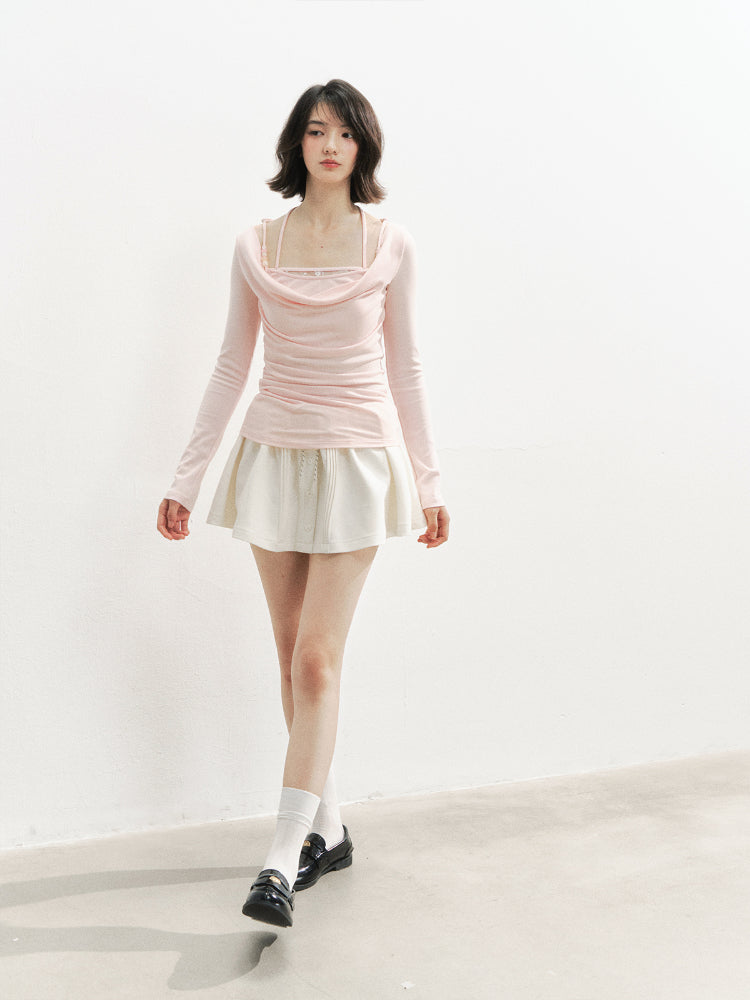 Beaded Halter Fake Two- Piece Long-Sleeve T-Shirt