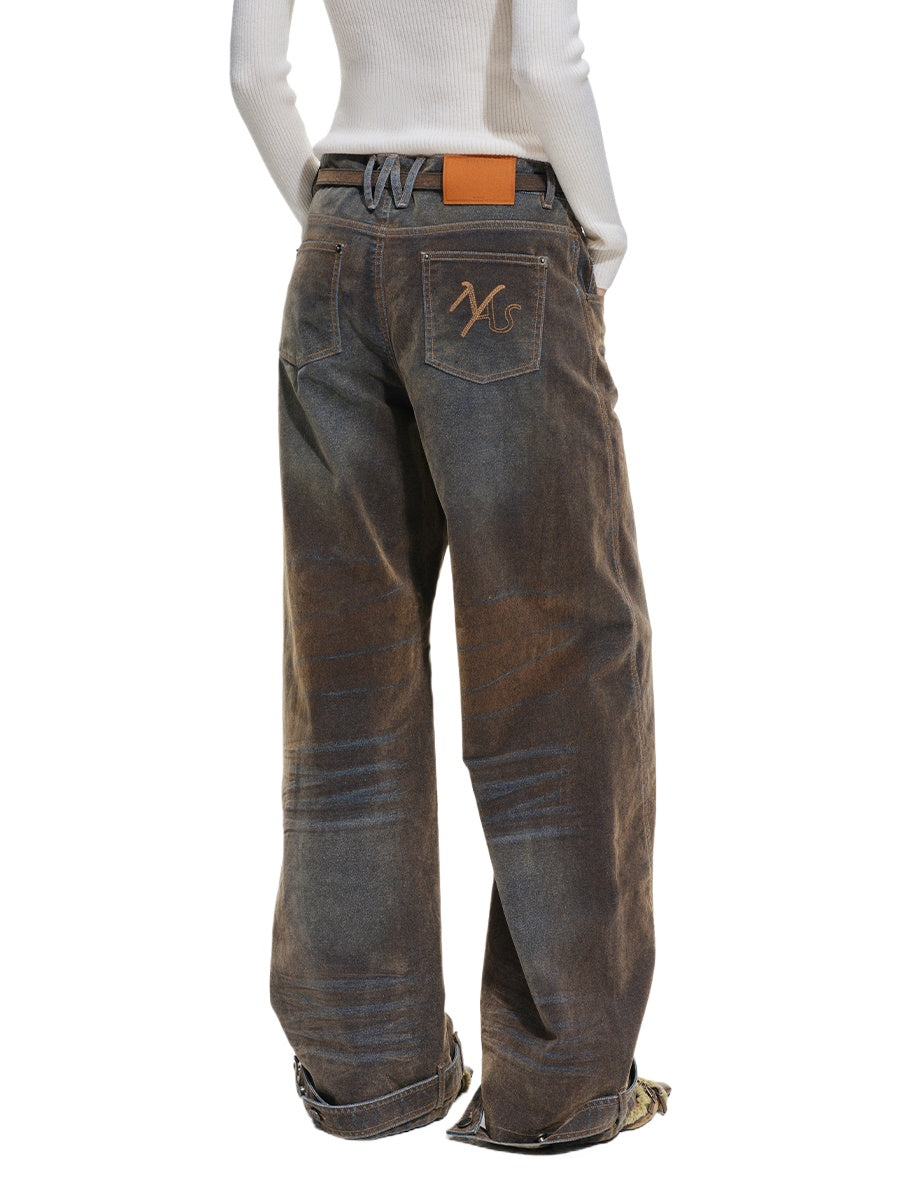 Terracotta Velvet-Washed Wide-Leg Jeans